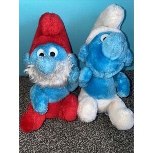 Set of 2 Smurf's 1980s Peyo Stuffed Plush Lot Wallace Berrie Papa Smurf
